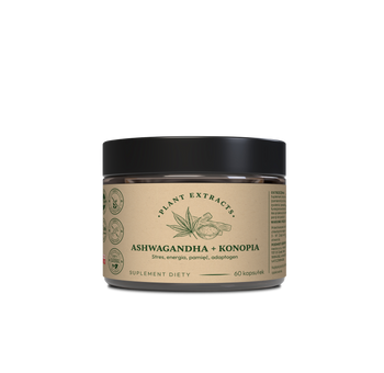 Ashwaghanda + konopie 60 szt. x 300mg Stres, energia, pamięć, adaptogen – włosy, paznokcie, skóra PLANT EXTRACTS