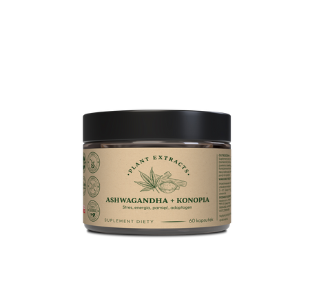 Ashwaghanda + konopie 60 szt. x 300mg Stres, energia, pamięć, adaptogen – włosy, paznokcie, skóra PLANT EXTRACTS
